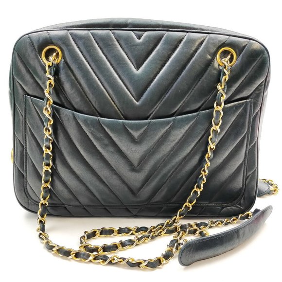 Authentic Chanel Shoulder Bag Black Leather Chevron stripe quilted long strap